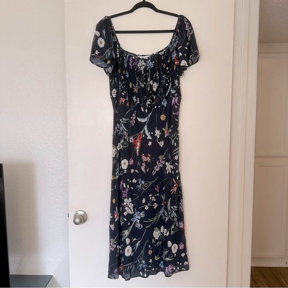 Amour Vert Smocked Floral Midi Dress Off the Shoulder